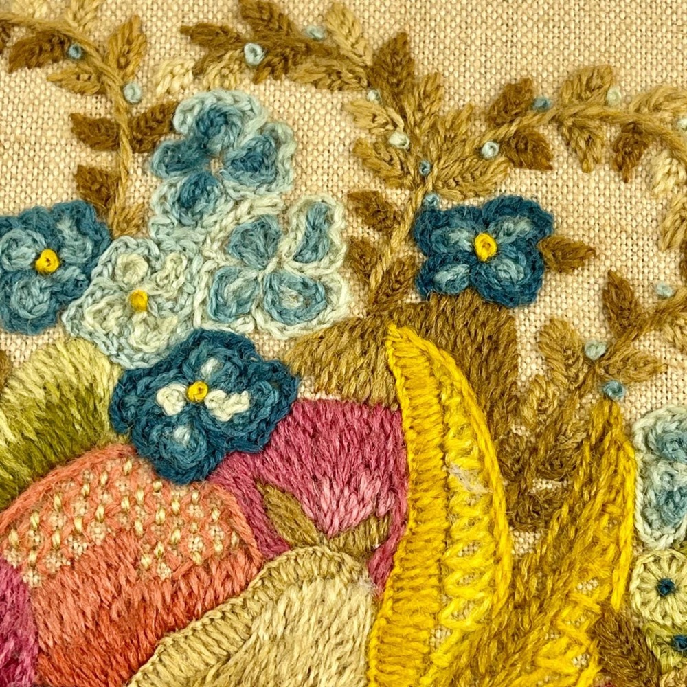 Vintage‎ Crewel Embroidery Fruit Bowl Floral Art Notched Wood Frame 11.5x9.5 70s - Picture 7 of 10